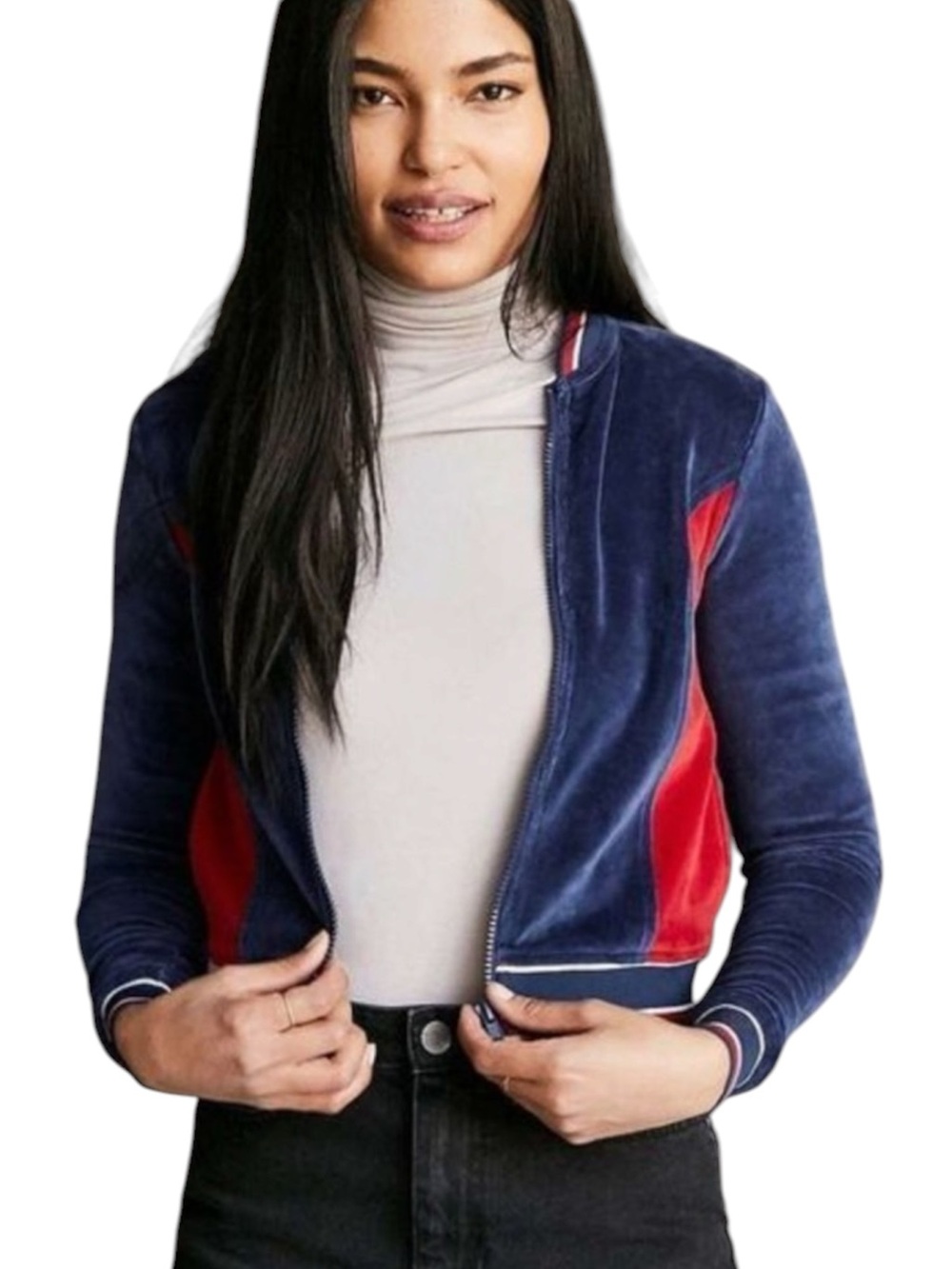 silence + noise Velour Colorblock Zip-Up Bomber Jacket MEDIUM Blue Red